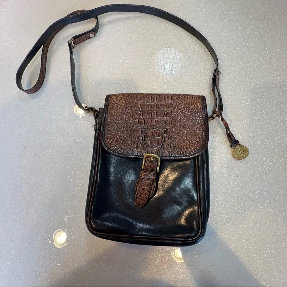 Brahmin Black and Brown Shoulder Bag Crocodile Embossed Flap Snap Closure